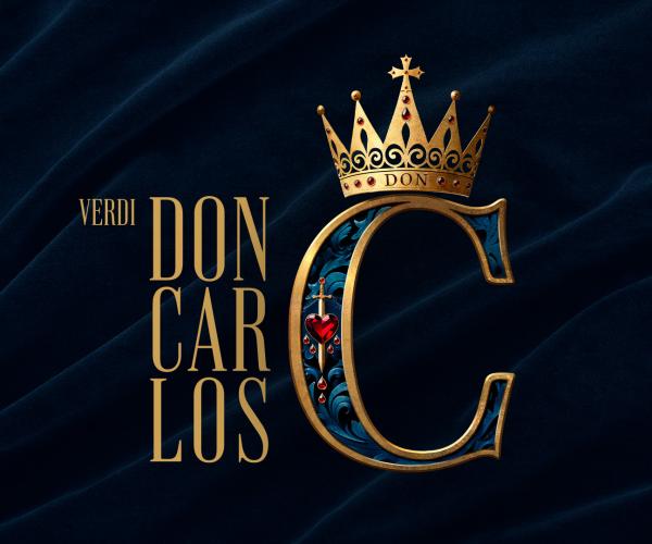 Don Carlos -oopparen musta juliste, jossa nimi ja kruunu.