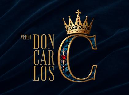 Don Carlos -oopparen musta juliste, jossa nimi ja kruunu.