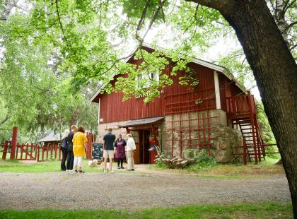 Ravintola Niinipuu punainen maatilarakennus, puu, ihmisiä