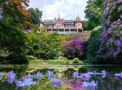 Sofieron linna lammen ja kukkivien pensaiden takana.
