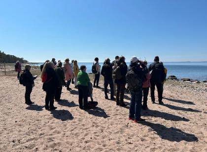 Ihmisiä hiekkarannalla saaristossa.